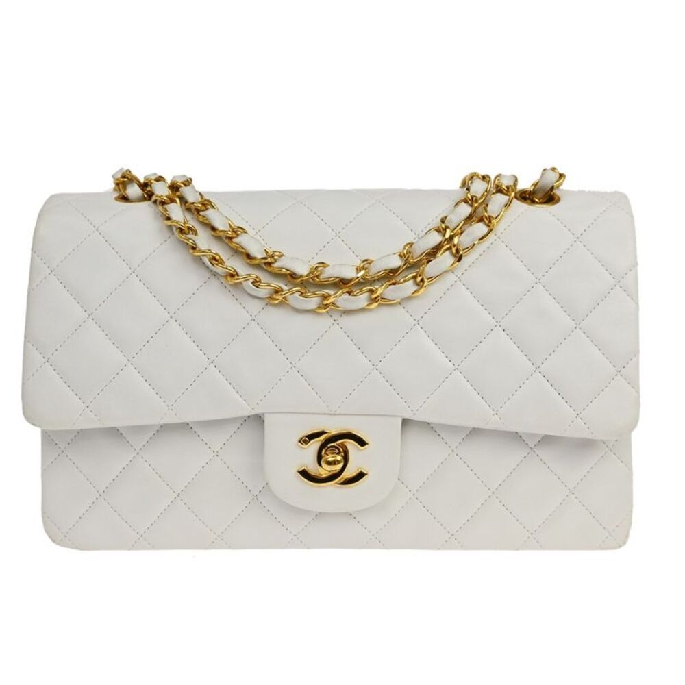 Chanel Classic Double Flap Quilted Lambskin White Leather Handbag